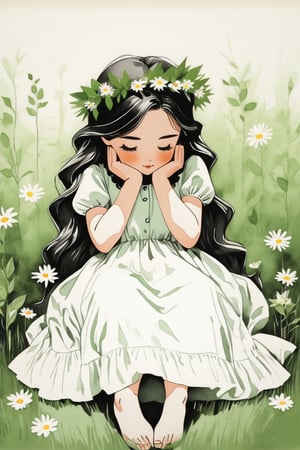 Charcoal drawing, crayons, (in style of Nick Veasey:1.8),Rough texture,Hand-drawn style：1girl,closed eyes,dress,earrings,flower,grass,green background,head wreath,jewelry,leaf,long hair,plant,solo,white dress,Cute style,Loli girl,on stomach,（blush:1.8）Shake your feet,Hands on cheeks,Looking at the audience