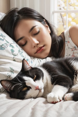 Charcoal drawing, crayons, (Best Quality,4K,8K,HD,Masterpiece:1.2),Super Detailed,Realistic:1.37,Illustration,Studio Ghibli Inspired,Bed Scene,(Girl,Black Hair,Lazily Nuzzling Cat Closed Eyes Sleeping in the Morning),Laziness,Adorable,Detailed Eyes,(Highlighted Expression of Fleshy Detailed Small Lips),Reluctant,Trying to Sleep,Two Lazy Cats,The Essence of Spring Spring Flower Trees,Spring Flowers,Cherry Blossoms,Bright Colors,Warm Sunshine,Soft Lights,Cozy Atmosphere,Energetic,Youthful.
