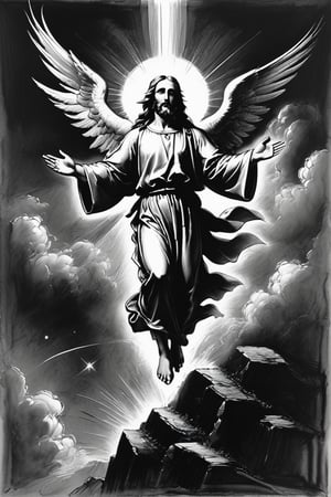 Charcoal drawing, crayons, black pencil drawing, pencil drawing, black and white drawing, graphite drawing,
ultra-cartoon, Jesus in the style of Leonardo da Vinci, silver needle, pen and ink, black and red chalk-sanguine, sfumato technique, Children's illustration, Jesus ascending to heaven to God,
cool setting, cool background, extremely detailed, Hajime Sorayama, Henry Asenci, author (Quentin Blake:0.5), rich