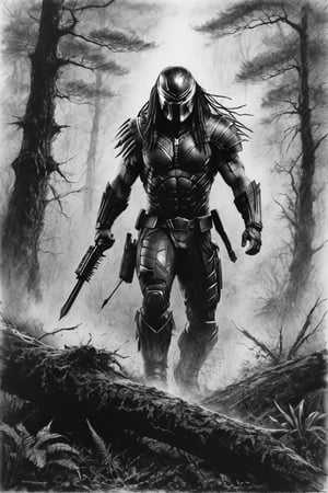 Charcoal drawing, crayons, black pencil drawing, pencil drawing, black and white drawing, graphite drawing,
Poster, close-up, Predator (2018 film), "Predator's Gaze: Shrouded in Mist", full-length in motion, bottom-up view, the fearsome appearance of the iconic hunter from the sophistication of Weta Digital, shrouded in clouds of mysterious smoke in an ancient forest, presented in stunning hyperrealism
Art by Andrey Atroshenko
