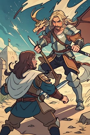 a medieval man viking knight fighting a dragon. Styliced anime style