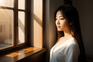 Create a picture of a beautiful woman asian watching from the window with a sun beam her face, shadow of window, peace, elegant, warmth, long_hair and straight, realistic, super realistic, real life,real skin,ultra HD,high_resolution,8k, photography 