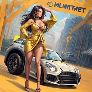 a woman in a yellow dress standing next to a car, inspired by Esaias Boursse, instagram, exposed thighs!!!, high quality product image”, sexy hot body, katelynn mini cute style, the extremely hot and sexy, thicc, sexy :8, beautiful alluring teen, slide show, profile picture 1024px, mean smirk