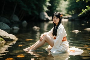 Create a picture of a beautiful japanese woman in a traditional clothing, straight_hair, black hair, on a river she sits on a rock, the sun beam, shadow of leaves, forest, clear water, windy, butterflies, professional photography, full_body, high_resolution, 8k,legs and feet visible, perfect feet, beautiful face, fantasy, blurry_background, bokeh, realistic, real life,real skin texture, fish in the water, two legs, modest, elegant 
