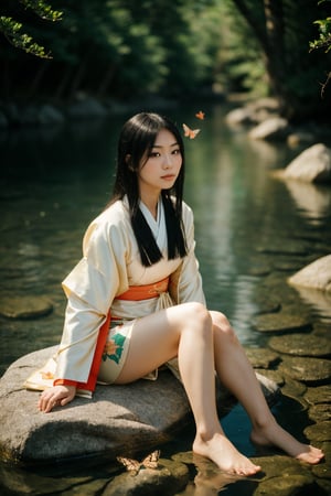 Create a picture of a beautiful japanese woman in a traditional clothing, straight_hair, black hair,long_hair, on a river she sits on a rock, the sun beam, shadow of leaves, forest, clear water, windy, butterflies, professional photography, full_body, high_resolution, 8k,legs and feet visible, perfect feet, beautiful face, fantasy, blurry_background, bokeh, realistic, real life,real skin texture, fish in the water, two legs, modest, elegant 
