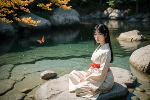Create a picture of a beautiful japanese woman in a traditional clothing, straight_hair, black hair, on a river she sits on a rock, the sun beam, shadow of leaves, foreat, clear water, windy, butterflies, professional photography, full_body, high_resolution, 8k,legs and feet visible, perfect feet, beautiful face.