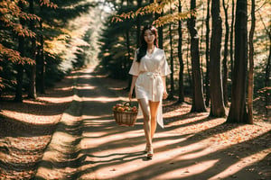 Imagine a full body portrait of a beautiful korean woman walking in the forest with a fruit basket on hand,dark skin,looking at the camera, forest scene, sunlight, shadow of leaves,wind blowing ,leaves fall, photography,bokeh,ultra realistic,real life,HD,8k
