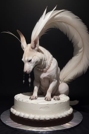a wonderful graceful animal with a long tail covered with bright mother-of-pearl feathers, pearl scales on the animal's neck, a long muzzle and narrow shiny eyes, the animal stands on its hind legs and sniffs, a large cake with whipped cream is visible in the background, a mysterious atmosphere, the flickering of mother-of-pearl feathers and precious animal scales in semi-darkness, high detail, realistic photo Susan Seddon Boulet
