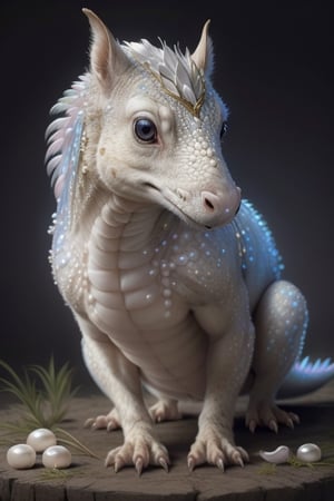 a wonderful graceful animal with a long tail covered with bright mother-of-pearl feathers, pearl scales on the animal's neck, a long muzzle and narrow shiny eyes, the animal stands on its hind legs and sniffs, a large cake with whipped cream is visible in the background, a mysterious atmosphere, the flickering of mother-of-pearl feathers and precious animal scales in semi-darkness, high detail, realistic photo Susan Seddon Boulet,dragon