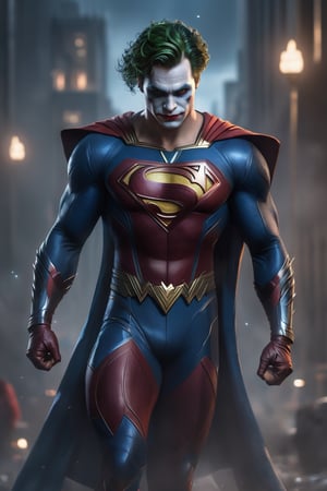 a wide shot of the character Joker, dressed as superman, fantasy art in high definition, superman is high, by ncsoft, evil smile, by Magali Villeneuve, in ultra realistic style, award-winning rendering, super saiyan blue, spikes on the skin, the super hot and sexy, 2 0 1 9, republic of gamer, symmetrical crown