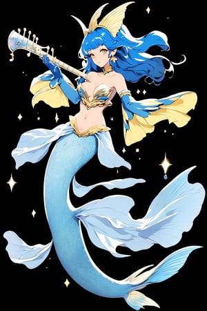 1girl, solo, long hair, breasts, looking at viewer, bangs, hair ornament, gloves, navel, holding, bare shoulders, medium breasts, closed mouth, blue hair, full body, yellow eyes, elbow gloves, water, monster girl, black background, instrument, bubble, music, scales, mermaid, head fins, playing instrument, holding instrument, fins, harp