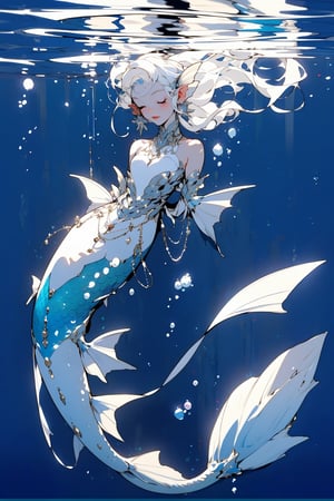 1girl, solo, long hair, jewelry, full body, closed eyes, white hair, pointy ears, necklace, monster girl, bubble, underwater, mermaid, head fins