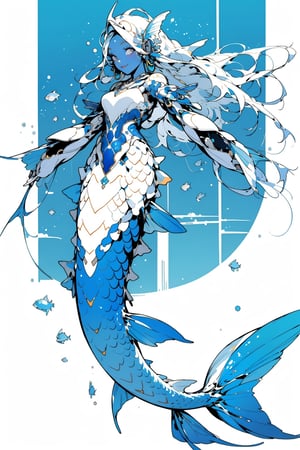 1girl, solo, long hair, breasts, simple background, dress, full body, white hair, white dress, arms up, colored skin, blue background, outstretched arms, monster girl, scales, mermaid, fins,raidenshogundef,fish ear