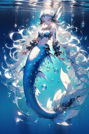 1girl, solo, long hair, jewelry, full body, closed eyes, white hair, pointy ears, necklace, monster girl, bubble, underwater, mermaid, head fins,DonMW15p