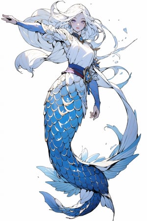 1girl, solo, long hair, breasts, simple background, dress, full body, white hair, white dress, arms up, colored skin, blue background, outstretched arms, monster girl, scales, mermaid, fins,raidenshogundef