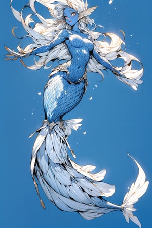 1girl, solo, long hair, breasts, simple background, dress, full body, white hair, white dress, arms up, colored skin, blue background, outstretched arms, monster girl, scales, mermaid, fins