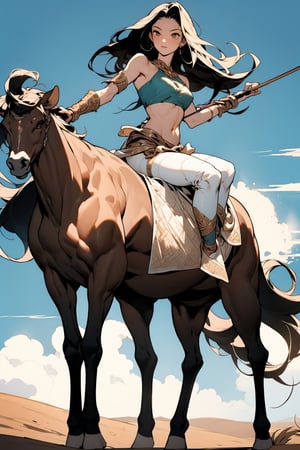 1girl, solo, long hair, breasts, looking at viewer, brown hair, black hair, navel, holding, bare shoulders, brown eyes, closed mouth, standing, full body, weapon, outdoors, sky, day, midriff, cloud, holding weapon, blue sky, floating hair, monster girl, polearm, pelvic curtain, armlet, spear, bracer, holding polearm, taur, desert, centaur, centauroid,centaurify,Centaur,mermaid