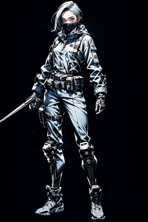 UHQ, 8k, high resolution), Create a character design for a skilled military operative named Captain Steelhawk, Picture them in a tactical, dark-gray uniform with a concealed face behind a high-tech mask featuring piercing blue eyes, full body view,dragonbaby,BlackworkStyleManityro