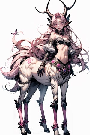 1girl, solo, long hair, breasts, looking at viewer, open mouth, bangs, simple background, hair ornament, gloves, white background, navel, holding, animal ears, bare shoulders, jewelry, medium breasts, very long hair, standing, tail, full body, weapon, pink hair, braid, sidelocks, earrings, detached sleeves, horns, pointy ears, midriff, pink eyes, holding weapon, bell, tattoo, bug, monster girl, staff, butterfly, tassel, holding staff, bandeau, taur, hooves, centaur, centauroid,centaurify