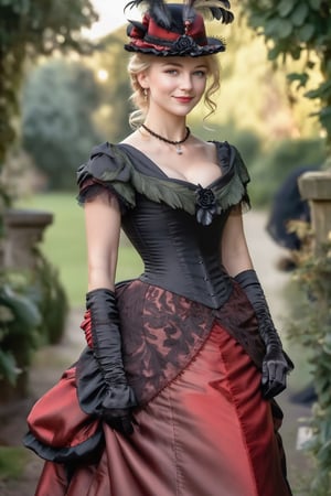 cute type artwork,  distant shot, beautiful woman, 25, blonde hair, small hat with feather,  wearing wearing red and black silk victorian bustle dress, silk gloves,  turning towards camera, evening light, slight smile, morning light, fine skin detail with pores and blemishes,bustle dress,cute cartoon 