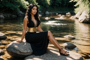 Create a picture of a beautiful dark mulatto woman in a traditional clothing, medium_hair, black hair, curly hair, on a river she sits on a rock, the sun beam, shadow of leaves, foreat, clear water, windy, butterflies, professional photography, full_body, high_resolution, 8k,legs and feet visible, perfect feet, beautiful face.