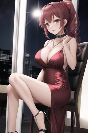 ore no imouto ga konna ni kawaii wake ga nai, 25-yers-old girl with crimson red hair- pulled up into twin ponytail, wearing a silver Draped Collar Chain Detail Crisscross Backless Ruched Cami Dress and open toe high heels, night club with disco ball, sitting in chair, back to viewer