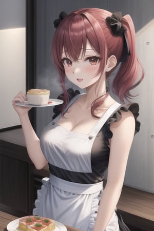 ore no imouto ga konna ni kawaii wake ga nai, 25-yers-old girl with crimson red hair- pulled up into twin ponytails, Wearing a 2 piece dress with a apron, serving a plate