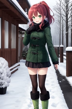 ore no imouto ga konna ni kawaii wake ga nai, 25-yers-old girl with crimson red hair- pulled up into twin ponytail, wearing a green puffy coat, green miniskirt with snow boots, winter background 