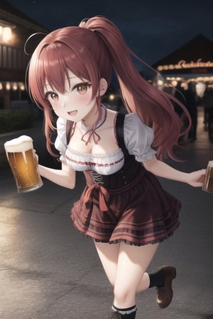 ore no imouto ga konna ni kawaii wake ga nai,  25-yers-old girl with crimson red hair- pulled up into twin ponytails,  wearing a short sexy dirndl,  carrying beers in her hands,  octoberfest party,  high_resolution full body portrait
