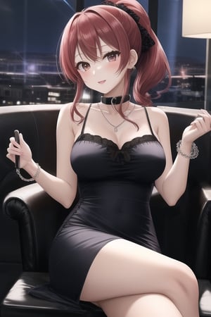ore no imouto ga konna ni kawaii wake ga nai, 25-yers-old girl with crimson red hair- pulled up into twin ponytail, wearing a silver Draped Collar Chain Detail Crisscross Backless Ruched Cami Dress and open toe high heels, night club with disco ball, sitting in chair, leg_crossed