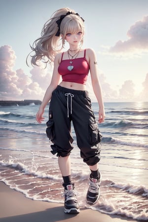  little girl,grey blonde hair(very long hair, curly_hair),long ponytail,hiphop dancer,wearing all black clothes (loose fit top and wide cargo pants),sneakers,accessories(necklace,ear_rings), standing in the sea,horizon,seaside,vivid sea color,red lighthouse,sunset,Best Quality, 32k, photorealistic, ultra-detailed, finely detailed, high resolution, perfect dynamic composition,  

