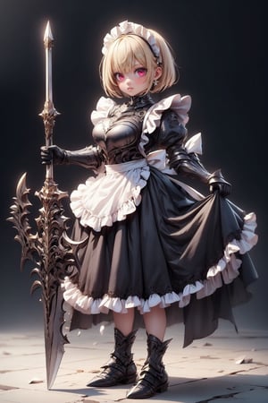 1girl, solo, looking at viewer, blush, short hair, blonde hair, red eyes, long sleeves, dress, holding, standing, full body, weapon, frills, shoes, puffy sleeves, black footwear, holding weapon, armor, apron, black dress, maid, helmet, juliet sleeves, polearm, gauntlets, white apron, maid apron, breastplate, skirt hold


