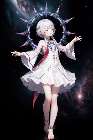 (silver, glimmer)), contrast, phenomenal aesthetic, best quality, sumptuous artwork, (masterpiece), (best quality), (ultra-detailed), (((illustration))), ((an extremely delicate and beautiful)), (detailed light), cold theme, broken glass, broken wall, ((an array of stars)), ((starry sky)), the Milky Way, star, Reflecting the starry water surface,(1girl:1.3), awhite hair, blinking, white dress, closed mouth, constel lation, flat color, white hair, braid, blinking, white robe, barefoot, float, flat color, looking up, standing, medium hair, standing, solo, space, universe, Nebula, many stars, fanxing ,GladysManityro,DonMW15p,NeonST2
