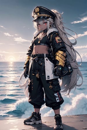  little girl,grey blonde hair(very long hair, curly_hair),long ponytail,hiphop dancer,wearing all black clothes (loose fit top and wide cargo pants),sneakers,accessories(necklace,ear_rings), standing in the sea,horizon,seaside,vivid sea color,red lighthouse,sunset,Best Quality, 32k, photorealistic, ultra-detailed, finely detailed, high resolution, perfect dynamic composition,  
masterpiece, best quality, 1girl, roze, grey hair, red eyes, low twintails, long hair, black military uniform, peaked cap, gloves, angry, ,underb00b,AIDA_LoRA_AnC,micro_bikini,NeonST2 ,dark skin

,StneRm,best quality,draconictech,blad4,blessedtech,mechanical arms