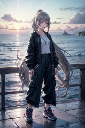  little girl,grey blonde hair(very long hair, curly_hair),long ponytail,hiphop dancer,wearing all black clothes (loose fit top and wide cargo pants),sneakers,accessories(necklace,ear_rings), standing in the sea,horizon,seaside,vivid sea color,red lighthouse,sunset,Best Quality, 32k, photorealistic, ultra-detailed, finely detailed, high resolution, perfect dynamic composition,  
