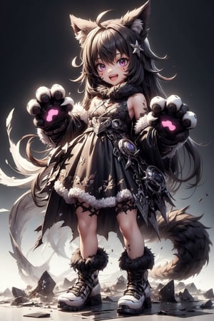 1girl, solo, long hair, looking at viewer, smile, open mouth, simple background, brown hair, gloves, white background, dress, animal ears, bare shoulders, standing, tail, full body, parted lips, black dress, fur trim, sleeveless dress, facial mark, short dress, white footwear, claws, wolf tail, animal hands, paw shoes, pelt








