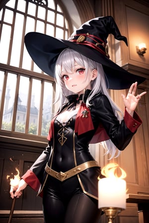 1 girl, witch, witch clothes, witch_hat, red flames surrounding her, flame, indoor, 1 window, mansion, pose, female_solo, white hair
