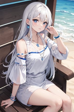 1girl, long_hair, white hair, bracelets, white outfit, blue tattoo, necklace, sleeves, blue earrings, sunny, beach background, solo, sitting on a chair, 1hand over hair