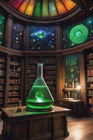 (masterpiece, top quality, best quality) ,,BREAK ,(fantasy),wide shot,scenery , ,light particle,(laboratory ),glowing,light ray,(stained_glass),chalkboard , crystal,(magic circle),wooden,green
theme,((vanishing_point)),[[flask]],paper,[erlenmeyer flask],[test tube],dome,(chimera),messy,books,(hall),DonMD0n7P4n1cXL