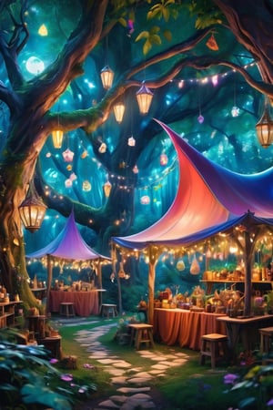 An image of a fairy market, as imagined from our conversation. This market is a whimsical and enchanting place, filled with vibrant colors and magical energy. The stalls are crafted from natural materials like leaves, flowers, and vines, blending seamlessly into the surrounding enchanted forest. The vendors are fairies, each with their unique appearance, selling a variety of magical items, from glowing potions and enchanted jewelry to mystical artifacts and rare ingredients. The air is filled with the soft glow of fairy lights, the tinkling of delicate music, and the flutter of fairy wings. The atmosphere is joyful and lively, with fairies and other mystical creatures mingling and trading in good spirits. The background is a lush, magical forest, with towering trees and a canopy that filters the sunlight into a kaleidoscope of colors, creating a dreamlike and otherworldly ambiance.