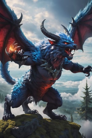 score_9, score_8_up, score_7_up, score_6_up, score_5_up, score_4_up, extremely detailed, furry, fighting demon hybrid, (detailed scales, detailed fur, detailed face), (dramatic scene, fighting above a fantasy enchanted forest, skyline, clouds, mist, lots of details), sharp focus, 