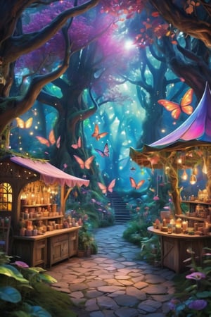 An image of a fairy market, as imagined from our conversation. This market is a whimsical and enchanting place, filled with vibrant colors and magical energy. The stalls are crafted from natural materials like leaves, flowers, and vines, blending seamlessly into the surrounding enchanted forest. The vendors are fairies, each with their unique appearance, selling a variety of magical items, from glowing potions and enchanted jewelry to mystical artifacts and rare ingredients. The air is filled with the soft glow of fairy lights, the tinkling of delicate music, and the flutter of fairy wings. The atmosphere is joyful and lively, with fairies and other mystical creatures mingling and trading in good spirits. The background is a lush, magical forest, with towering trees and a canopy that filters the sunlight into a kaleidoscope of colors, creating a dreamlike and otherworldly ambiance.