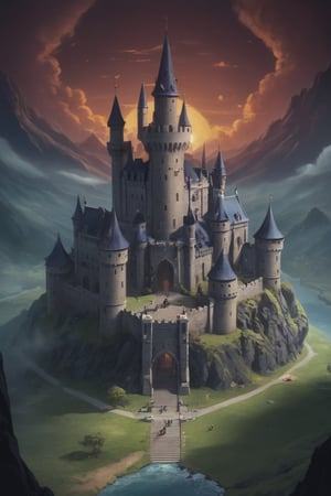 isometric landscape, a boss battle in a huge castle, dark mood, fantasy,,best quality, masterpiece,  , painted, supgiantisosdxl, large landscape, dark, cartoon