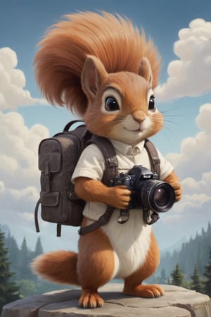 tiny squirrel with big giant backpack with camera in hands character, full body,  big puffu tail (((art by Aaron Jasinski))),   Enchanted Masterpiece, fantasy-core, Award-Winning, Masterpiece, contrast, faded , soft colors, Enchanted Masterpiece, Award-Winning, Masterpiece, contrast, faded, clouds background
    