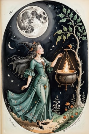 Voynich manuscript illustrating a beautiful witch chanting a spell. As the moon rises high in the sky, a cloaked witch stands before her bubbling cauldron, murmuring ancient incantations. With a flick of her wand, the air shimmers with energy, and objects around her begin to levitate and transform, swirling with magical potential.