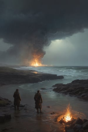 The end of the world, Biblical apocalyptic landscape, melancholic scene, at night, fire, it's raining, grunge, top light, masterful painting in the style of Anders Zorn | Marco Mazzoni | Yuri Ivanovich, Todd McFarlane, Aleksi Briclot, oil on canvas