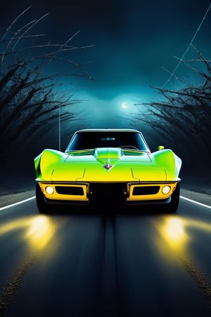 Ultra wide photorealistic medieval gothic image of exciting fusion between futuristic chevrolet 1963 split window corvette custom design, graffiti, racing serial number, fast lanes, full car, iron chains, barbed wire, thorn branches, skulls in the background. Dark sun, giant cyber chaos speed abstract, rocky road, black and neon greenyellow gray, ink flow - 8k photorealistic masterpiece - by Aaron Horkey and Jeremy Mann - detail. liquid gouache: Jean Baptiste Mongue: calligraphy: acrylic: color watercolor, cinematic lighting, maximalist photo illustration: marton Bobzert: 8k concept art, intricately detailed realism, complex, elegant, vast, fantastic and psychedelic, dripping colors, HR Giger style,action shot