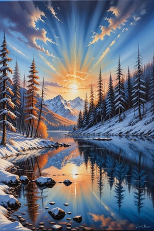 masterpiece, high quality, deep shadow, in the dark, oil painting style, sunset over a snow mountainous landscape, ((The sky glows pale orange and blue)), Forest and trees turn orange, Mountains and sky reflected on the surface of the lake,oil painting