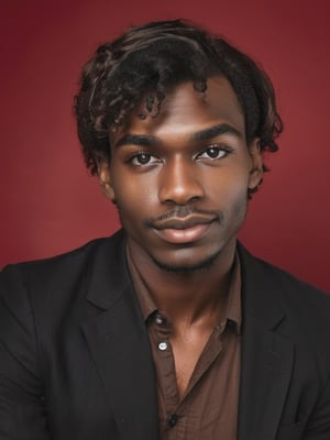 black man, Perfect (((Hands)), perfect ((fingers)),A young man, half-length, with a slight smile and looking at the camera. Perspective and quality: frontal, 10k, focus on face, high detail. Determining mood: hyperrealistic, realistic style, white background, soft light, vivid colors, symmetrical face, pure black almond-shaped eyes, crystal clear black skin, realistic looking eyes, black lips, thin eyebrows, long eyelashes, black eyeshadow, Extremely Realistic,inst4 style,
