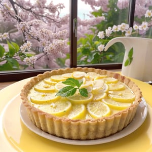 (Best Quality, 4K, 8K, hight resolution, masutepiece:1.2), Ultra-detailed, (Realistic, Photorealistic, Photorealsitic:1.37),lemon tart on a yellow plate,restaurant's Table,beautiful cherry blossoms out of window,